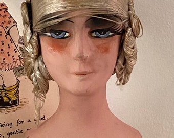 Vintage french boudoir doll Head marked DPG Poupee de Salon bed doll head Art Deco flapper with wig