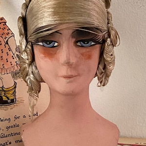 Vintage french boudoir doll Head marked DPG Poupee de Salon bed doll head Art Deco flapper with wig