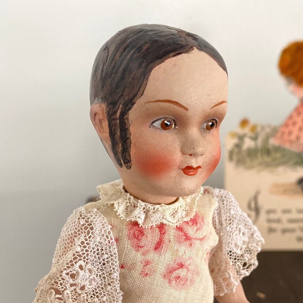Antique Composition mignonette doll Izannah walker style doll 7” hand painted hair miniature dollhouse doll