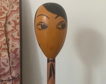 Vintage hat stand Wood wooden doll head hat stand Art Deco dolls 1920s flapper girl dolls egghead doll wig display hat display