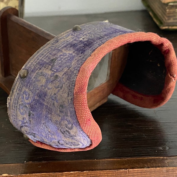 Antique stereoscope stereotype viewer purple maybe velvet and red decorative details with photo card dog stereo graph card