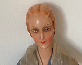 Vintage German boudoir doll molded hair collectible doll  Art Deco flapper girl doll composition hands get dress outfit maybe composition