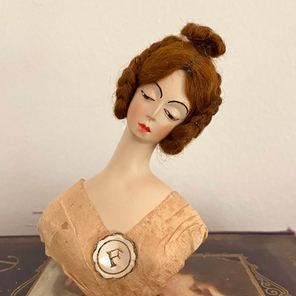 Vintage plaster half doll with wig French Art Deco doll bust doll head wig with top bun flapper doll crepe dress Victorian doll