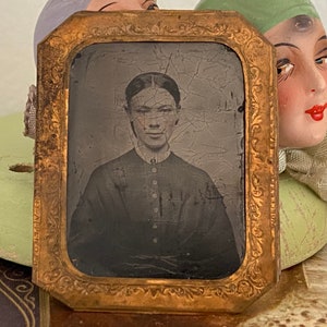 Vintage tintype photo Victorian Lady Woman beautiful studio photograph antique tin type portrait copper frame embossed