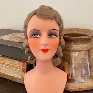 Vintage french boudoir doll Head only Poupee de Salon bed doll molded doll head Art Deco flapper with wig eyelashes
