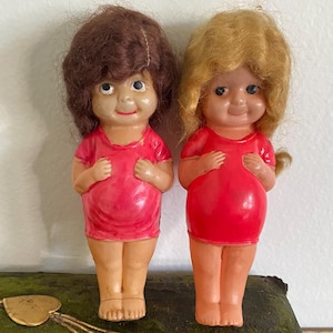 Vintage set of 2 celluloid dolls rattle kitschy toy kitschy cute vintage toy Childrens toy pink kewpie style doll side eye