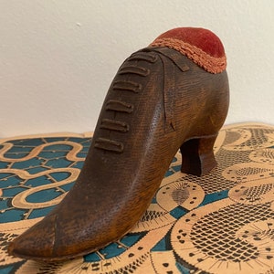 Vintage Victorian shoe pincushion carved wood figural pin cushion sewing notions women’s ladies shoe