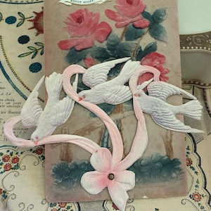 Vintage Postcards set of 2 Doves embossed one is mechanical with bows and roses collectible ephemera