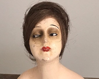 Vintage half doll wax over plaster half doll boudoir doll bust open mouth teeth real hair wig doll collection Art Deco flapper girl