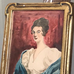Vintage Original Aquarell Malerei Porträt Frau Dame Künstler signiert Gemälde rot rosa blau Gold gerahmt