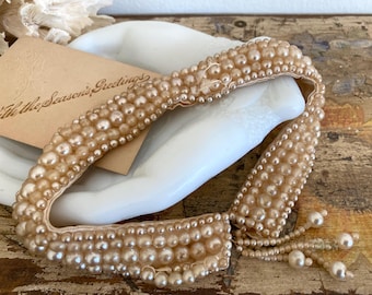 Antique Victorian collar with pearl like beads champagne color dress collar silk with tassels