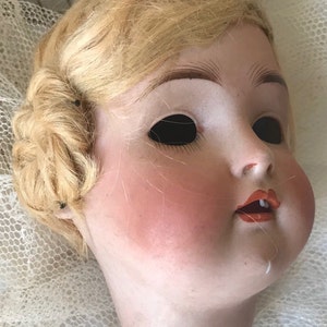 Antique bisque doll head big marked made in Germany with wig open mouth broken teeth no eyes hand painted creepy cute decor
