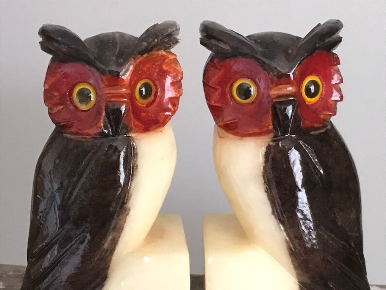 Vintage alabaster bookends marble Owl bookends yellow glass Etsy