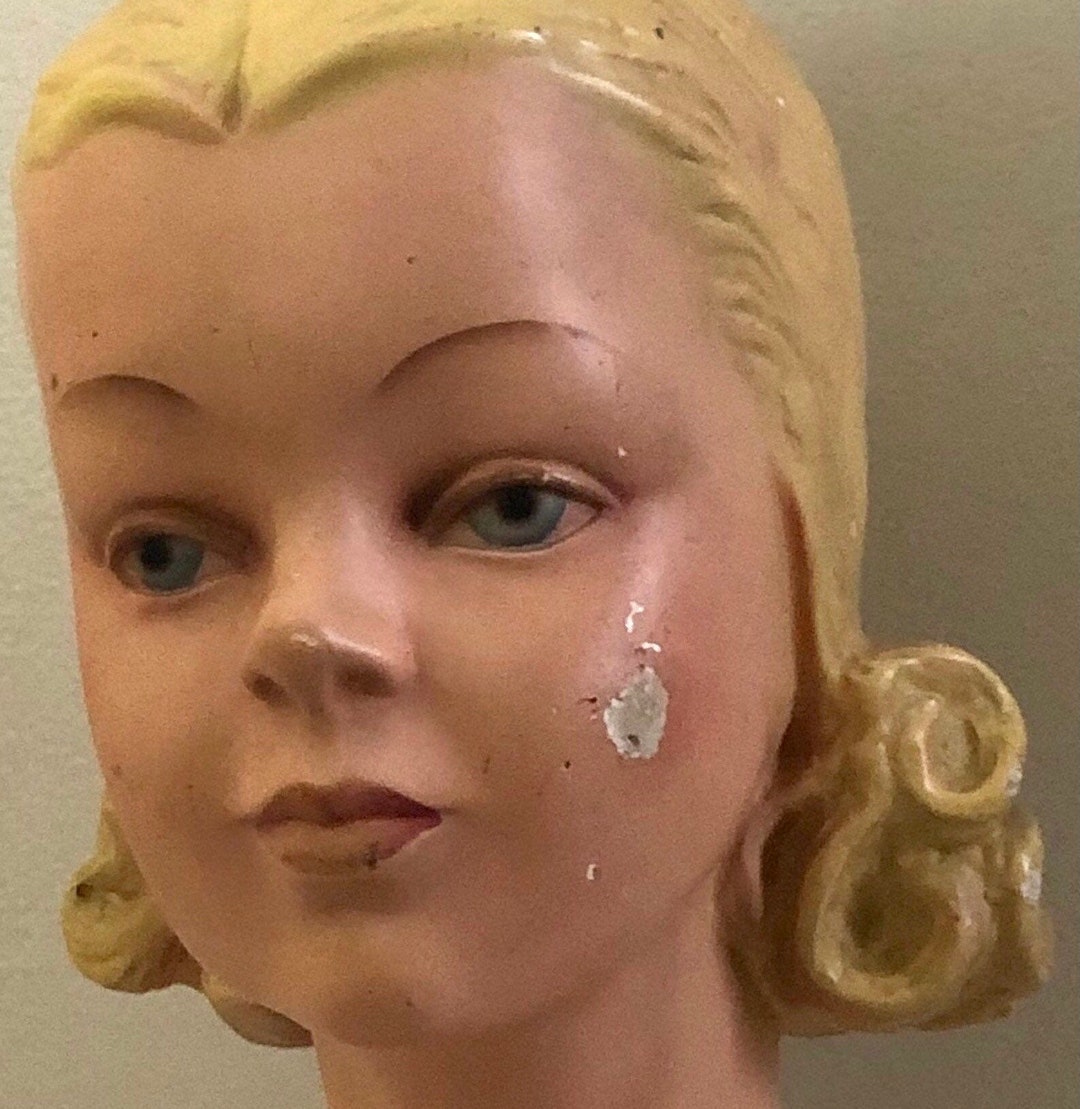 Vintage Plaster Mannequin Head Female Art Deco Blonde Girl Manikin Bust