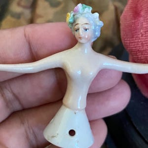Antique German pin cushion half doll lady woman porcelain figurine sewing notion collectible doll style figural pincushion arms away doll