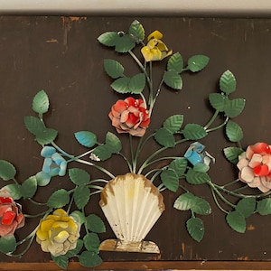 Vintage tole wall hanging wall art shabby chic roses Bouquet in a seashell white red green toleware floral flowers art