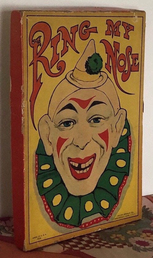 Antique Milton Bradley game box Ring My Nose Clown ring toss game vintage graphics cardboard box vintage toy game