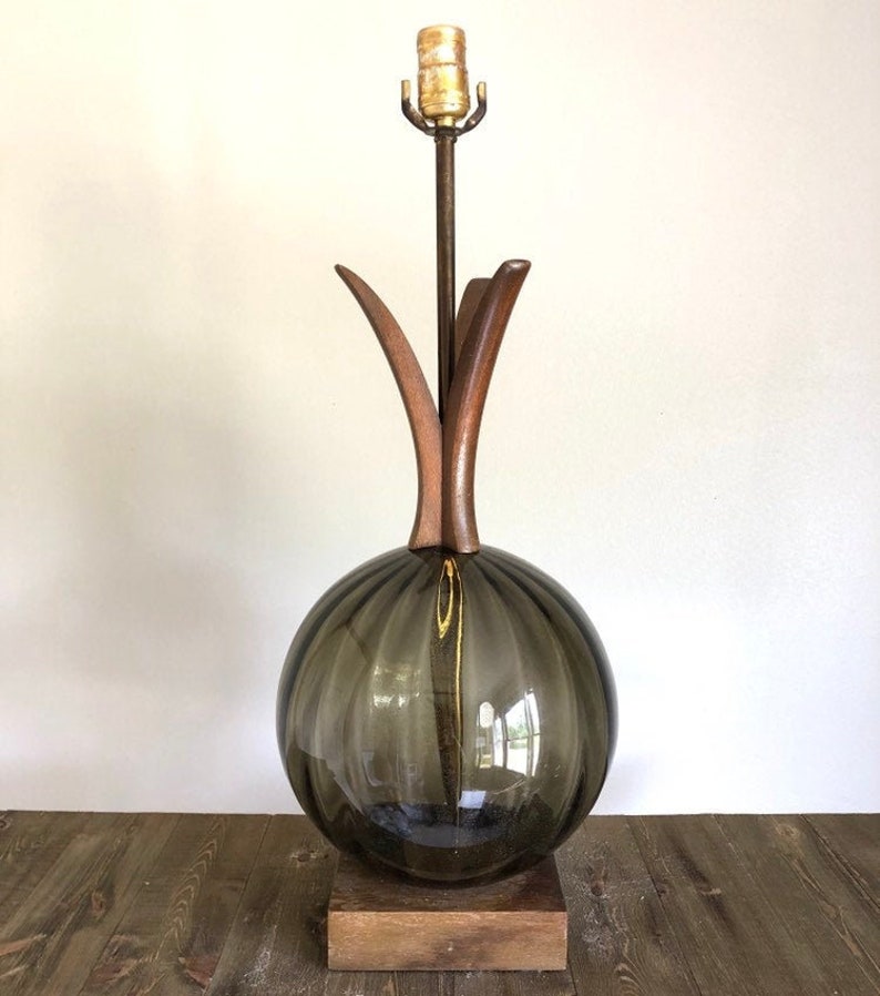 Vintage Mid Century Modern Table Lamp Mcm Lighting Smoky Grey Black Glass Globe Walnut Wood Retro