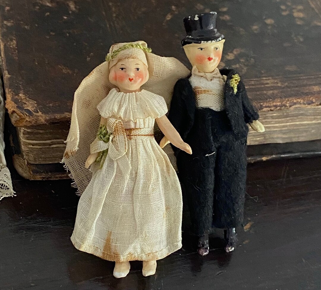 Antique Bisque Miniature Dolls Bride and Groom Dolls Dollhouse Dolls or