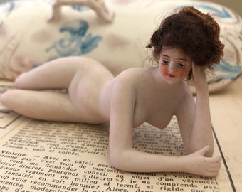 Vintage Galluba Hoffman doll 5.5” bisque bathing beauty Brown wig hand painted Art Deco flapper girl ballerina pink shoes