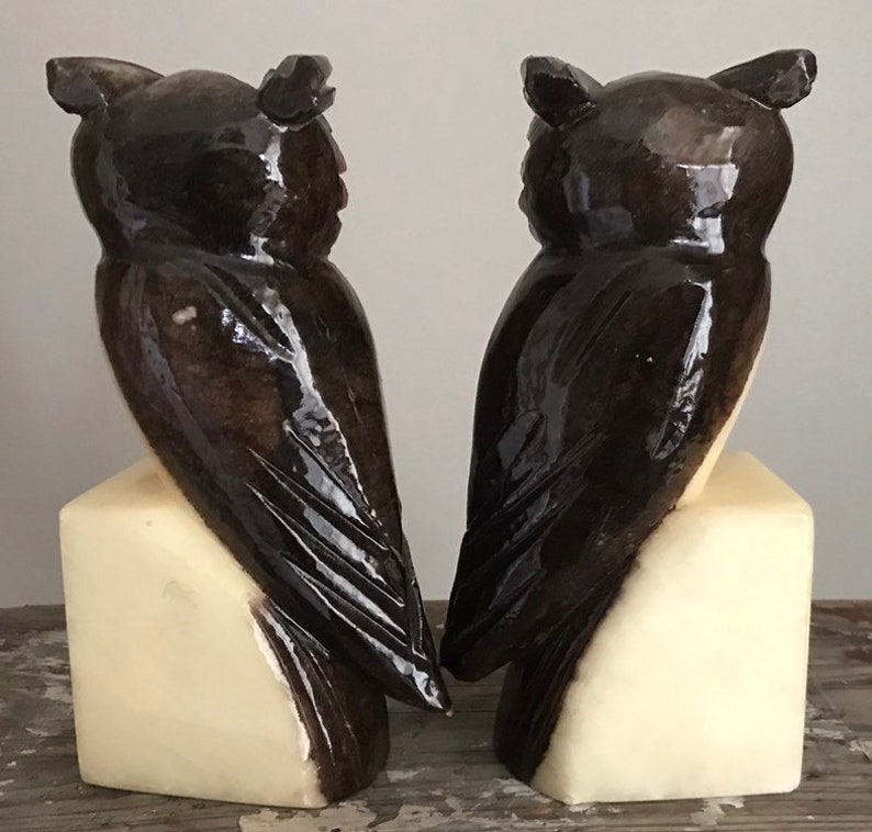 Vintage alabaster bookends marble Owl bookends yellow glass Etsy