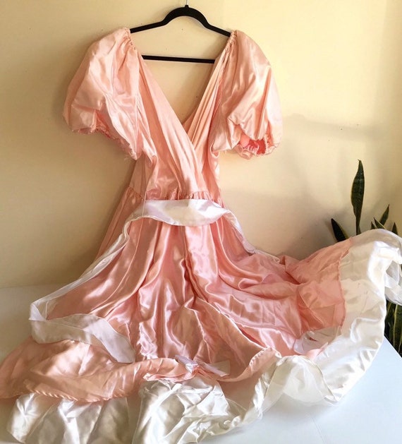 Vintage Pink Satin Prom Dress Gown Silk Tulle Long Pouf Sleeves Large Bows Retro  Fashion Wedding Staging Photography Prop Costume - Etsy
