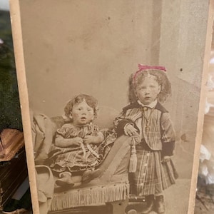 Vintage CDV Carte de Visite little girls siblings sisters children studio photo collectible photograph victorian hand tinited pink bow