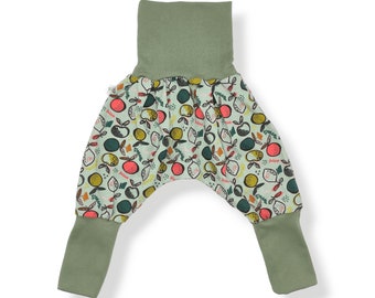 Sarouel évolutif bébé et enfant en jersey bio motif agrumes, espace ou coeurs