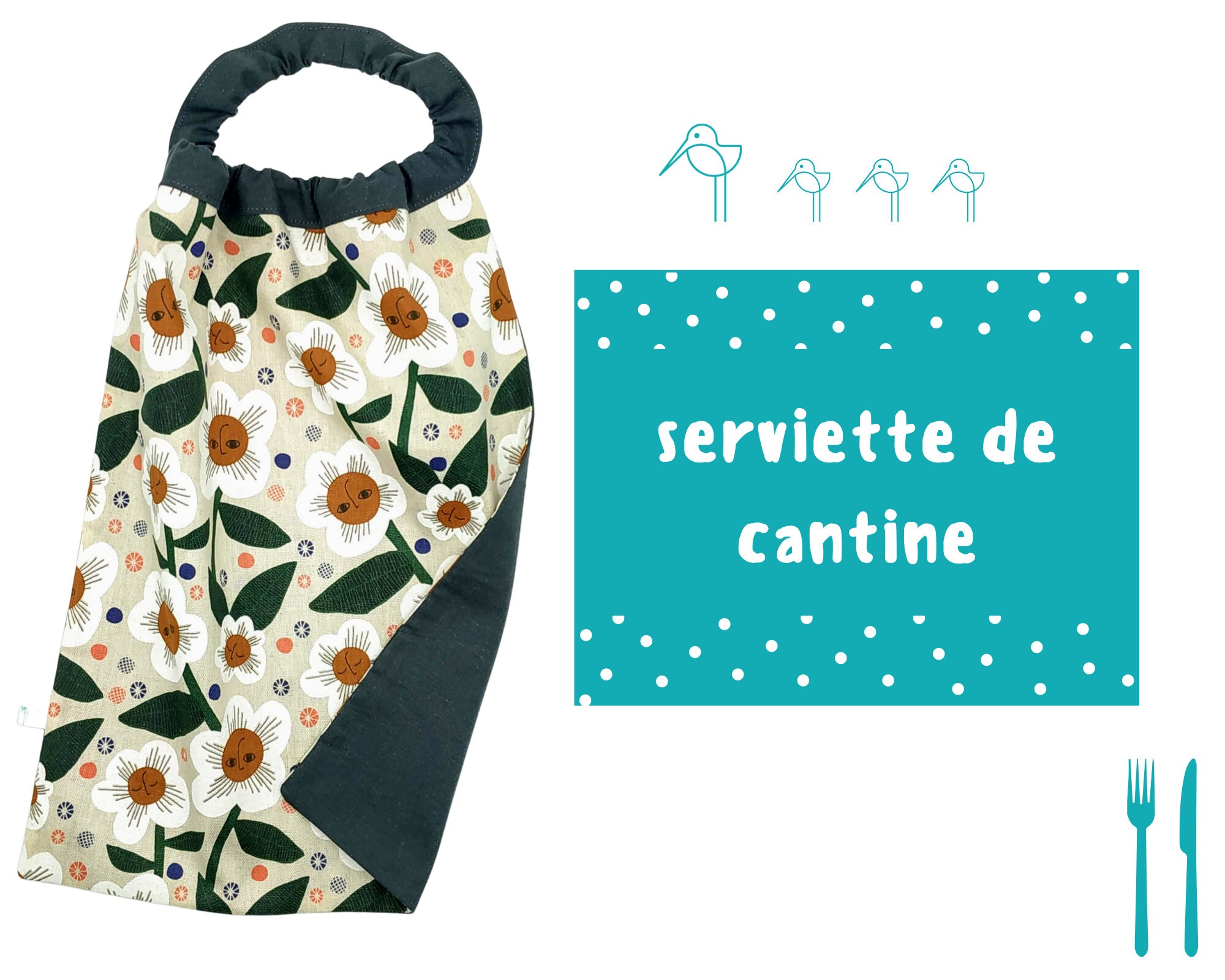 Serviette de Cantine Personnalisable en Coton Bio Motif Marguerite