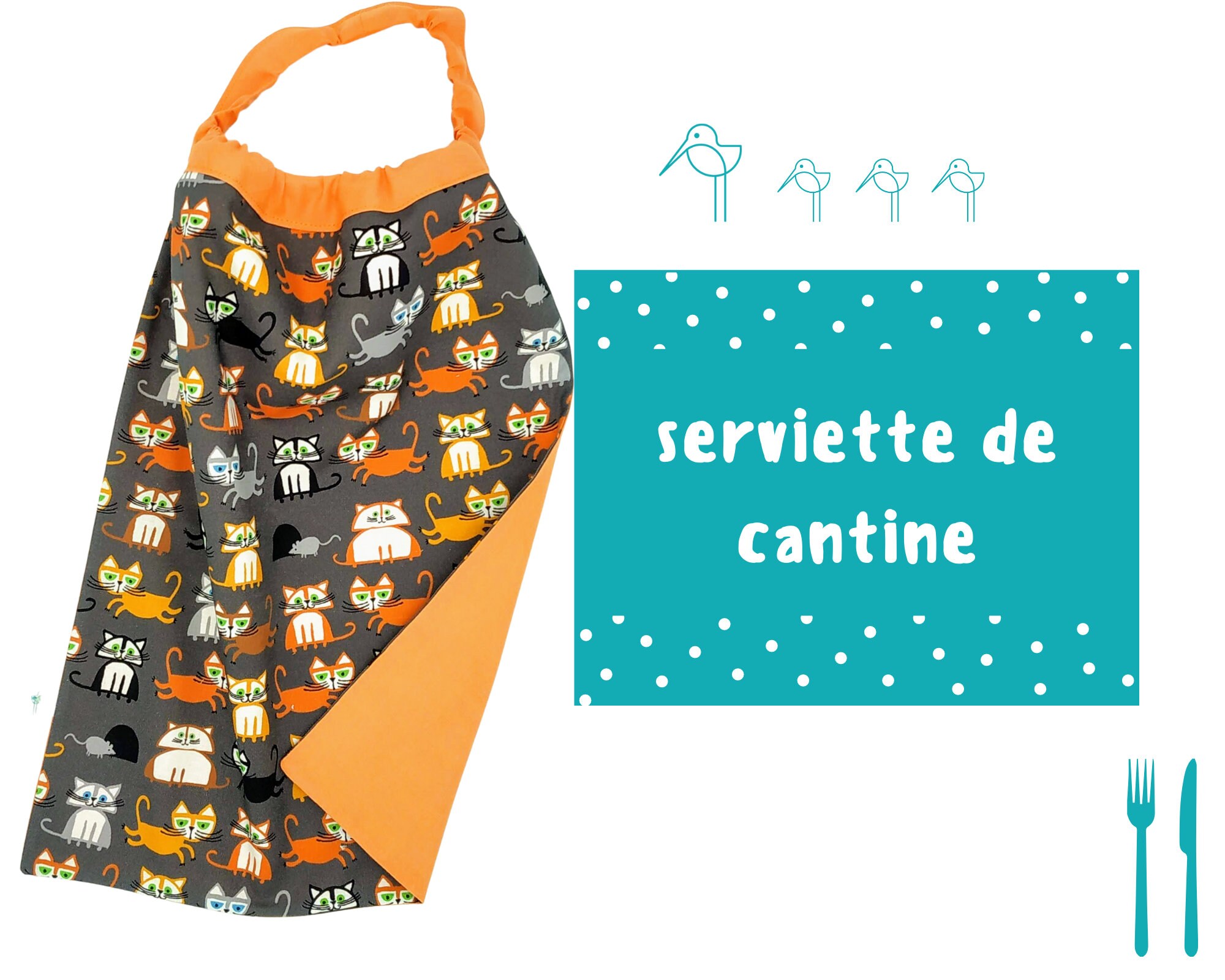 Serviette de Cantine Personnalisable en Coton Bio Motif Chats