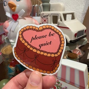 please be quiet vintage heart cake vinyl sticker, coquette pink cake sticker
