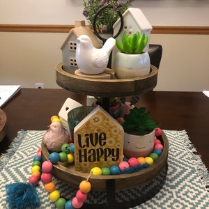 live happy yellow wooden house block, live happy house shelf sitter