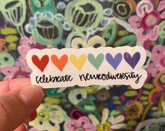 celebrate neurodiversity clear weatherproof vinyl sticker, laptop sticker, water bottle sticker