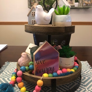 live happy pink watercolor wooden house block, live happy house shelf sitter