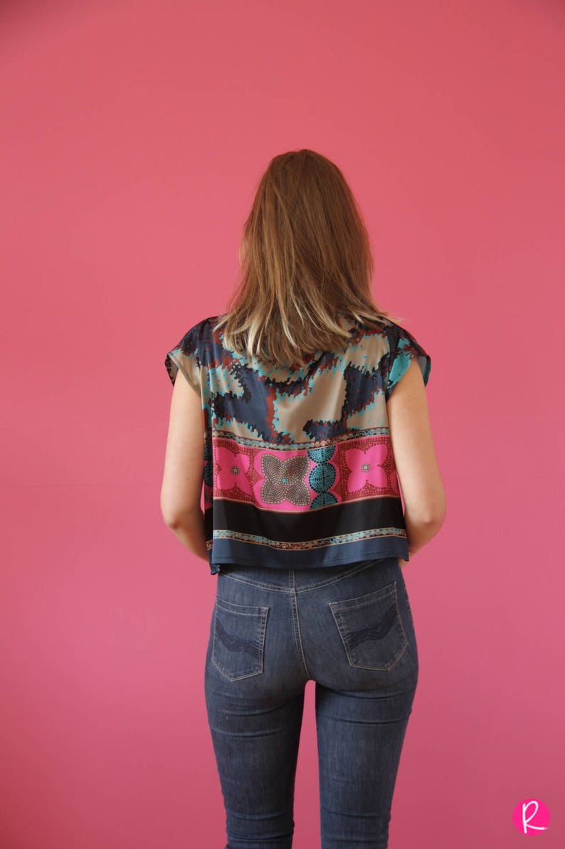 Silk Top Black Blue Pink Shirt Italian Silk Croptop Woman Top Blue Silk Blouse Geometric Print Blouse Christmas Festive