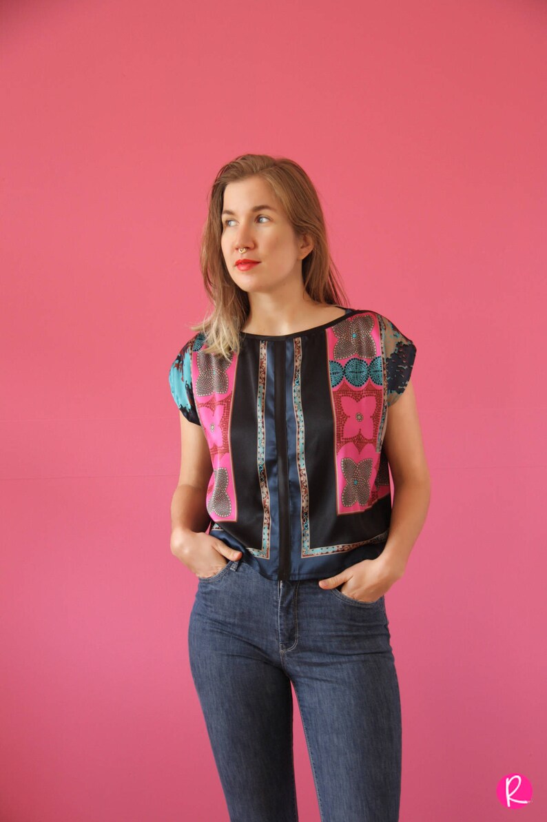 Silk Top Black Blue Pink Shirt Italian Silk Croptop Woman Top Blue Silk Blouse Geometric Print Blouse Christmas Festive