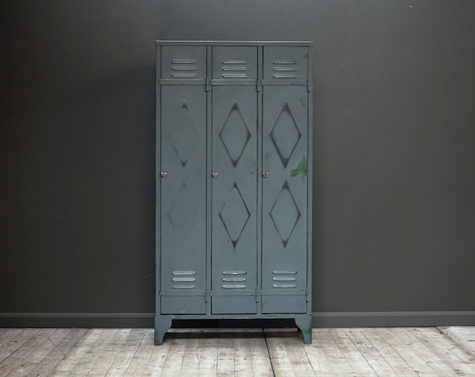 SOLD. A customisable vintage, double diamond three door locker in grey. Enquire for similar.