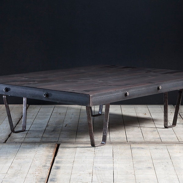 Custom made, industrial coffee table with bolted steel frame. Made to size. Guide price only.