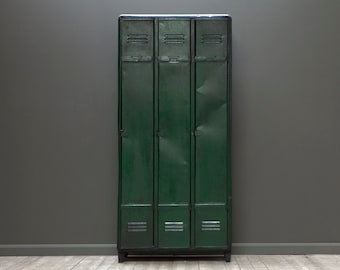 SOLD. A customisable vintage, industrial, three door locker in green. Enquire for similar.