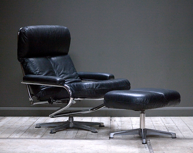 SOLD. 1970's chrome and leather armchair and ottoman