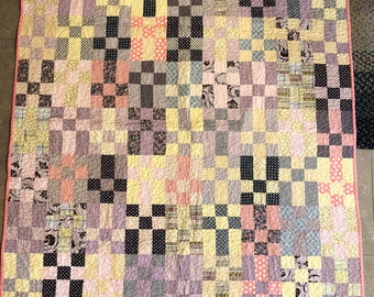 Lavendar, Yellow, grey and Peach 9 patch quilt