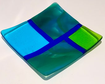 Fused glass plate with rectangles in turquoise and green