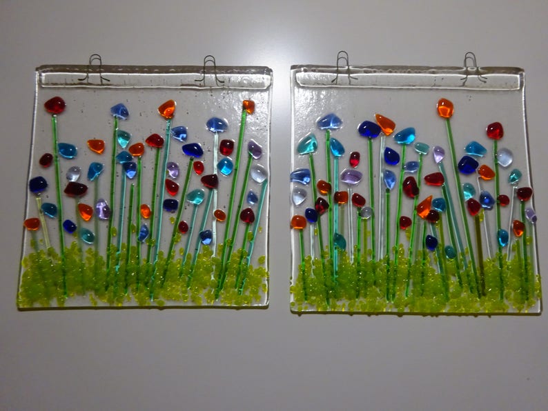 Fused glass suncatcher with flowers Etsy