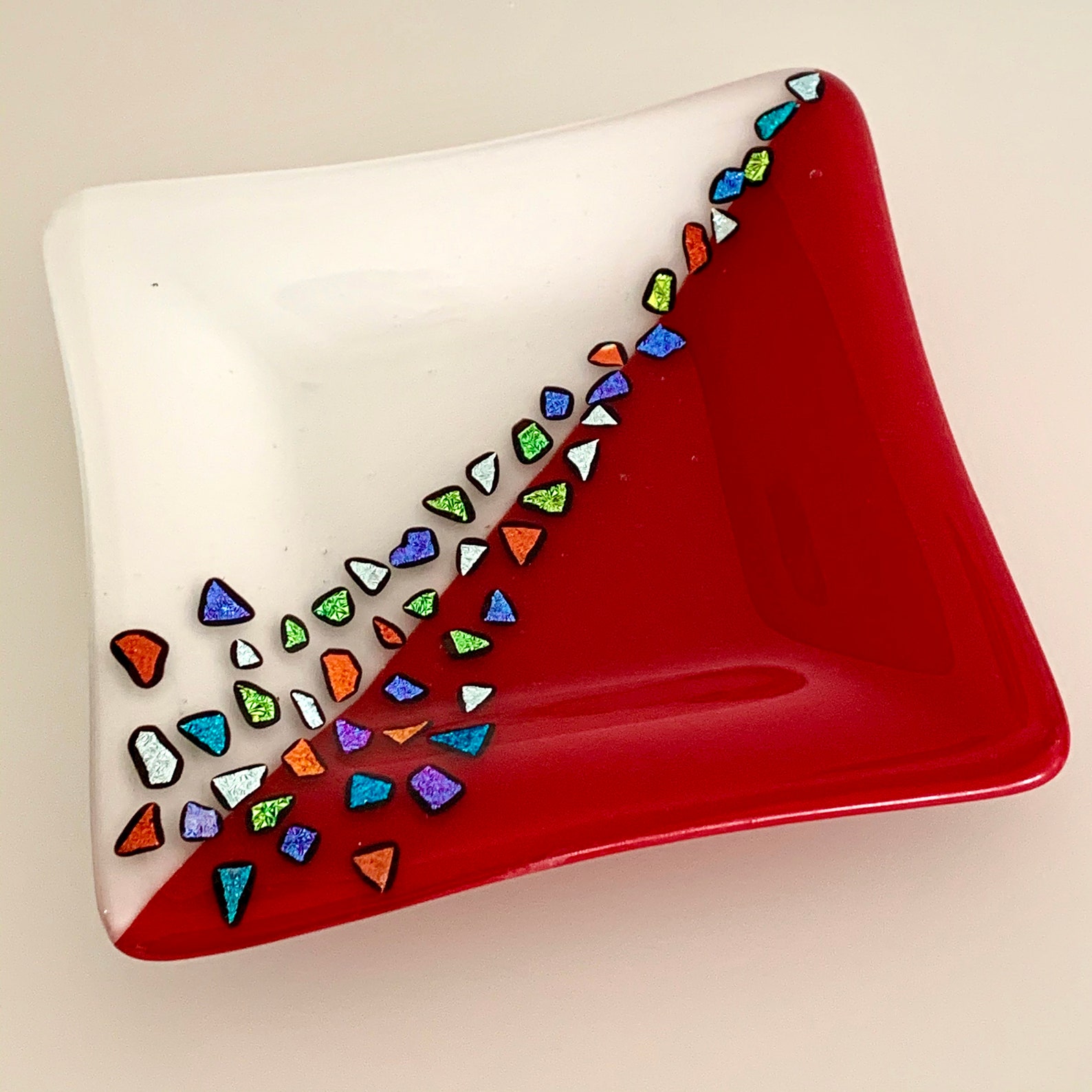 Fused Glass Dish In Red And White Etsy