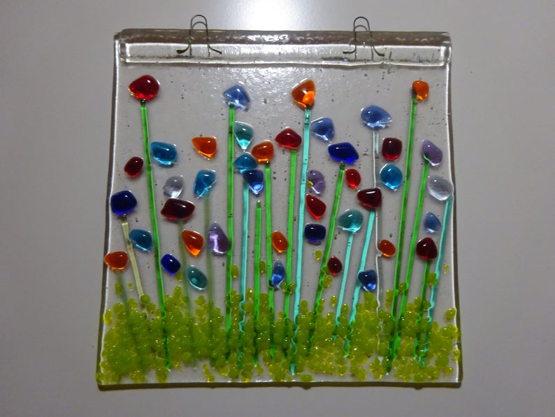 Fused glass suncatcher with flowers Etsy