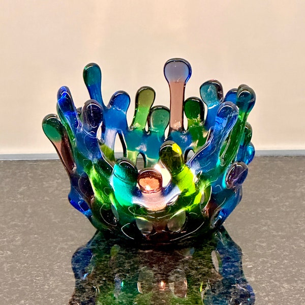 Colorful fused glass tealight holder