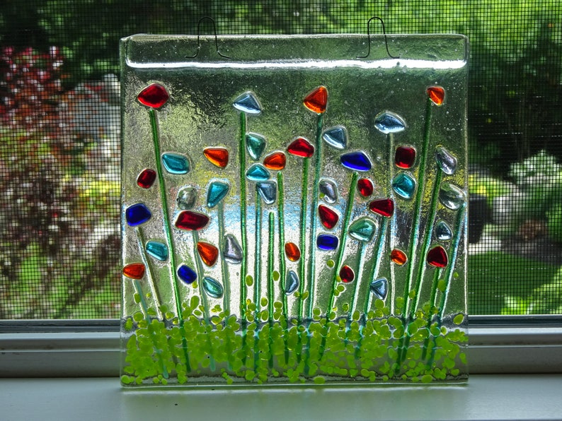 Fused glass suncatcher with flowers Etsy