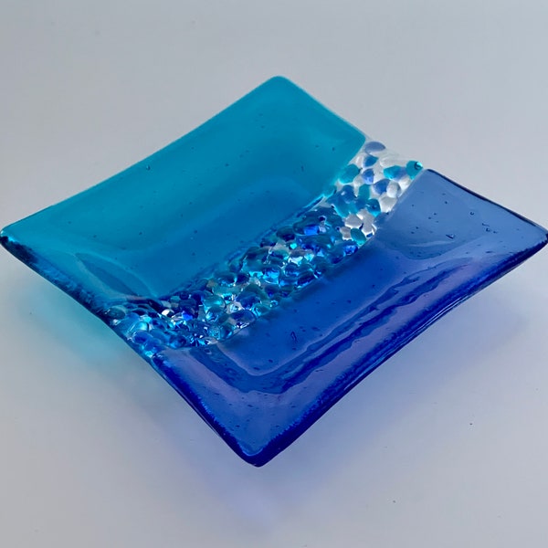 Fused glass dish in blue and turquoise
