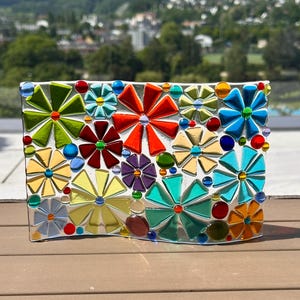 Colorful freestanding fused glass flower wave