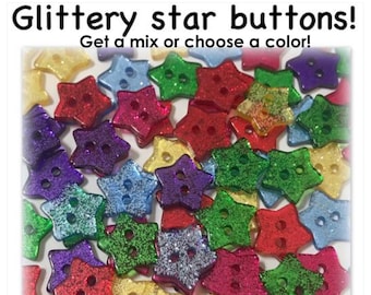 16, 32 or 64 Glitter star buttons random mix sparkle stars 14mm 9/16" 14 mm 9/16 inch red blue pink purple green gold stars glitter